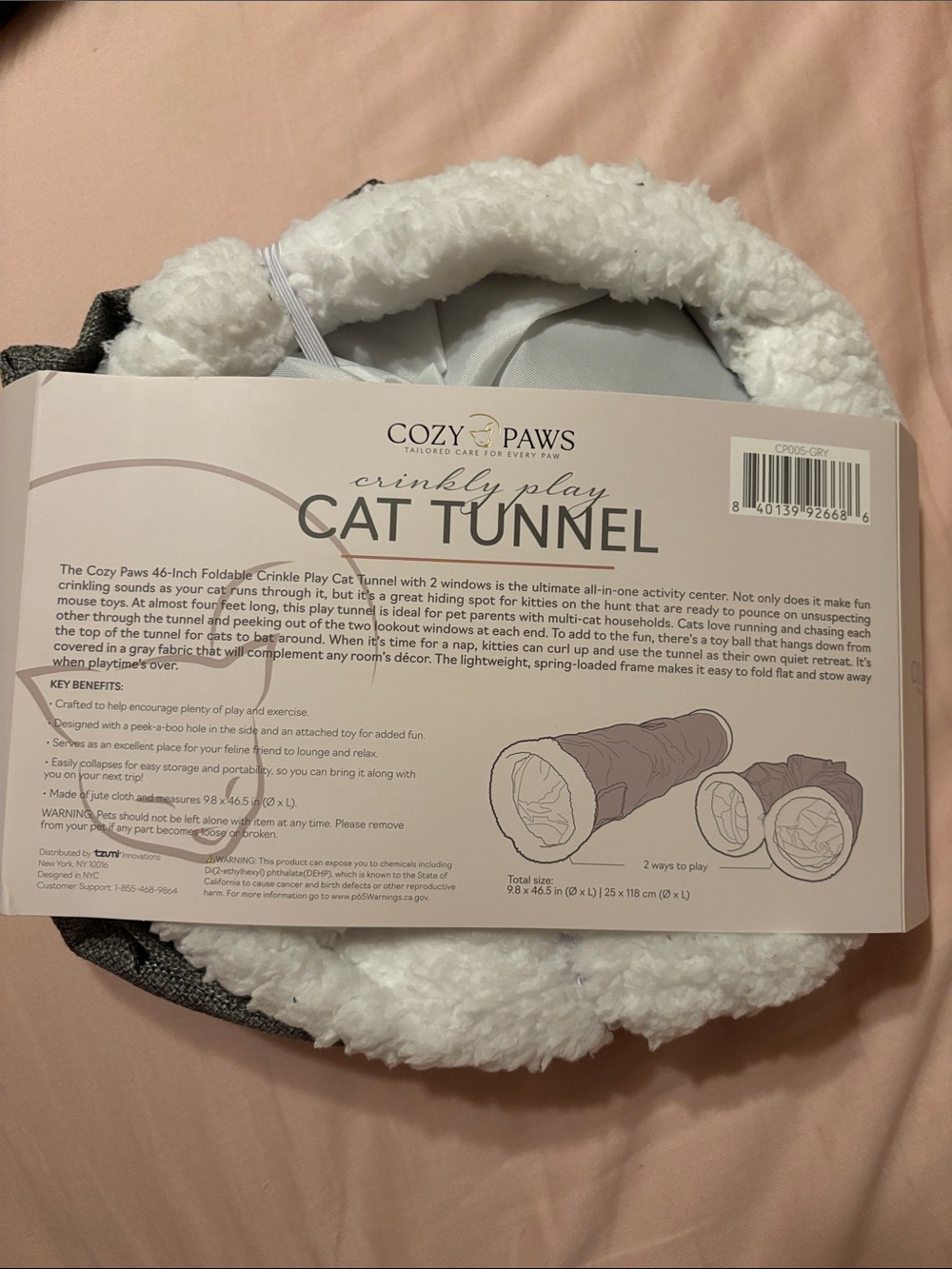 Crinkly Play Cat Tunnel - Expandable -Gray and White - Picture 2 of 3